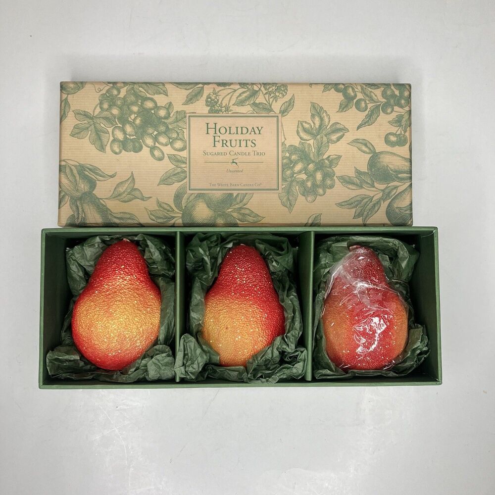 3 Holiday Fruits SUGARED PEAR CANDLES Unscented The White Barn Candle Co. In Box